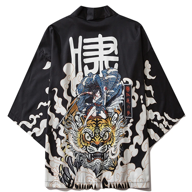 

Japanese Kimono Tiger Print Cardigan Men Boys Shirt Summer Fashion Harajuku Kimono Cardigan Samurai Costume Clothes Blouse Haori