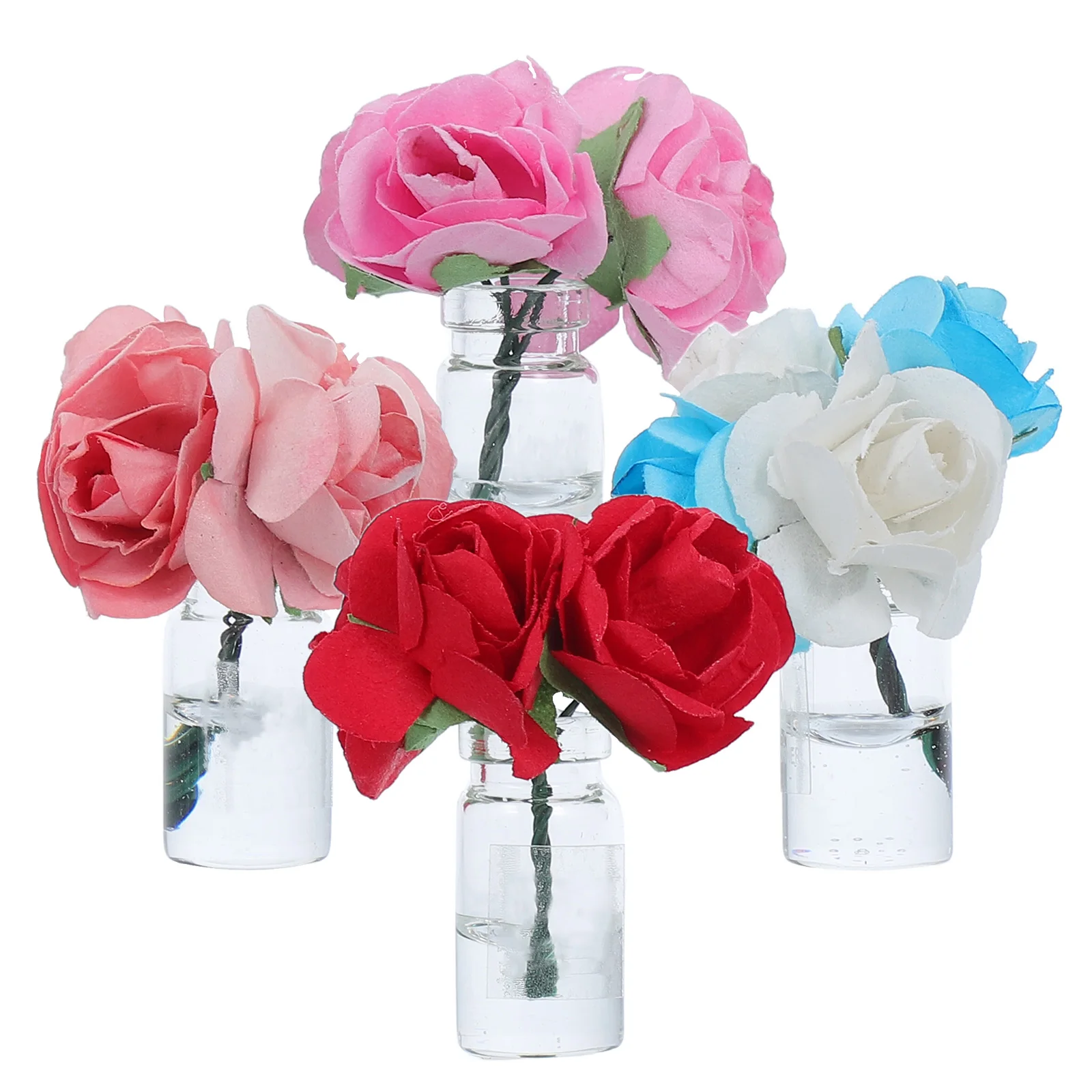 4 stks Huis Vaas Miniatuur Roze Rozen Glazen Bloempot Kleinschalige Decor Accessoires Mini Bonsai Beeldjes Ornament