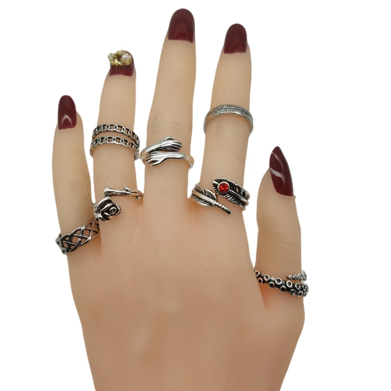 10pcs/Lot Antique Cool New Open Adjust Style Finger Rings For Women Punk Leaf Flower Wings Chain Joint Ring Male Rock Girl Party