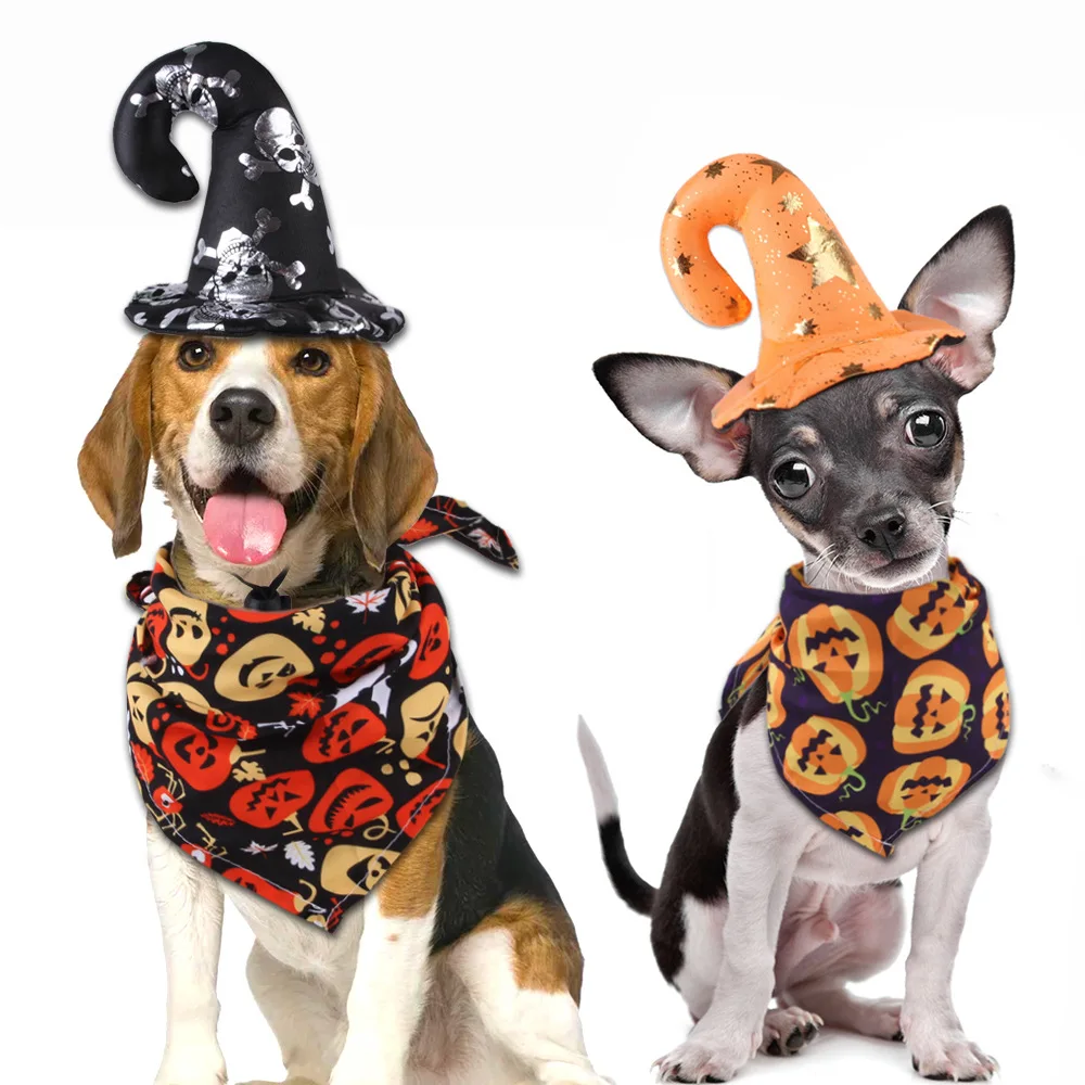 Cross-border new Halloween pet cat toy skull hat pumpkin triangle combination cat and dog dress funny.