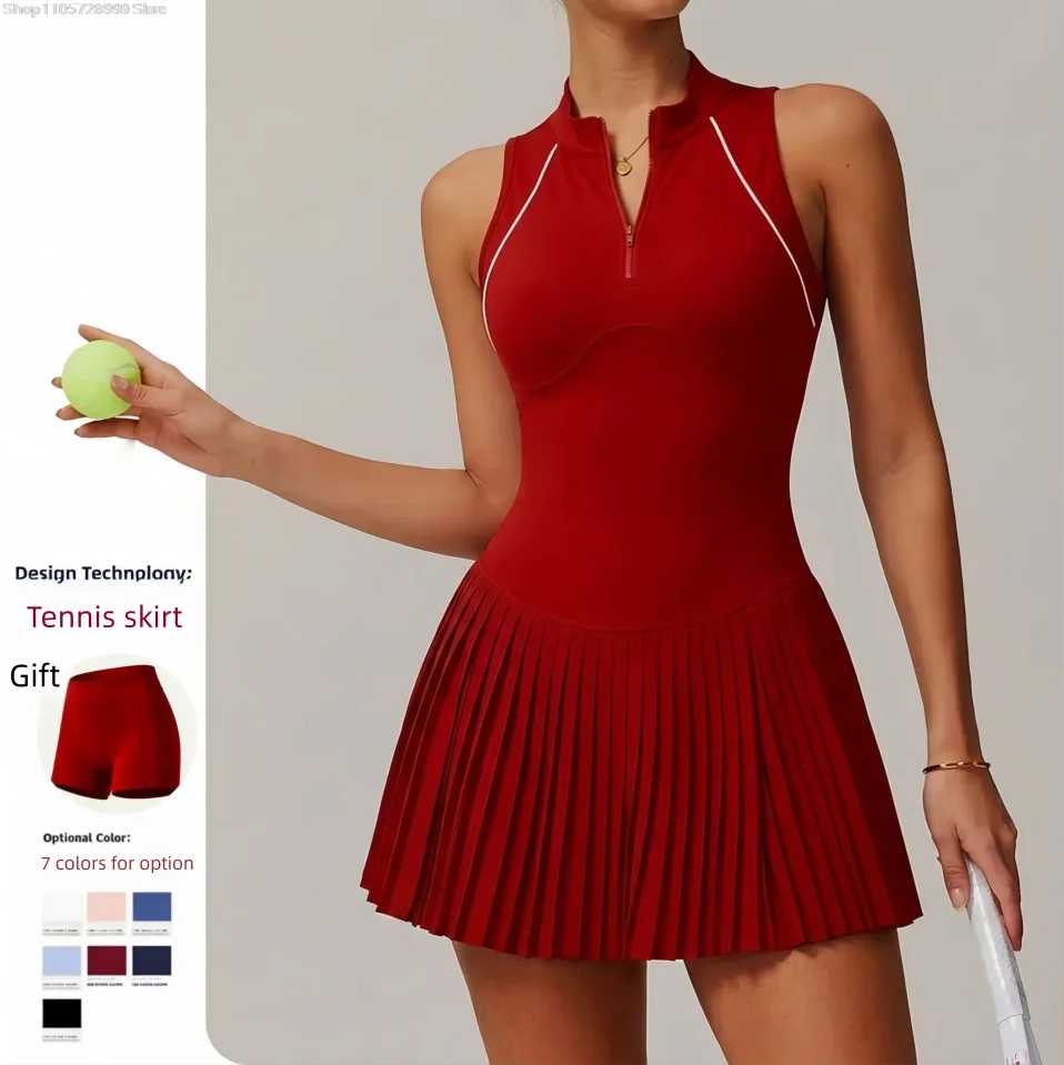 Women Tennis Skort with Built In Shorts Half Zip Sleeveless for Fitness Badminton Running Outdoor Casual Sports