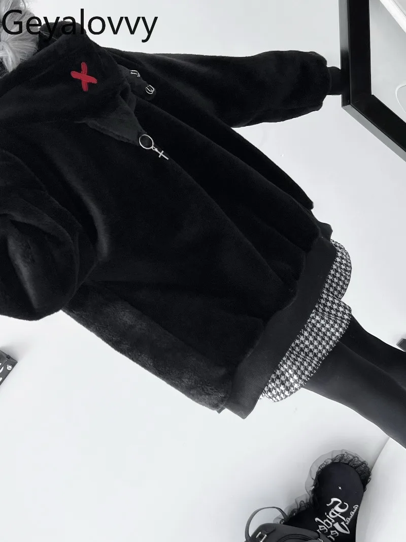 

Autumn Winter New Sweet Girls Versatile Long Sleeve Black Fuzzy Coat Subculture Loose Hooded Zipper Sweatshirt for Women