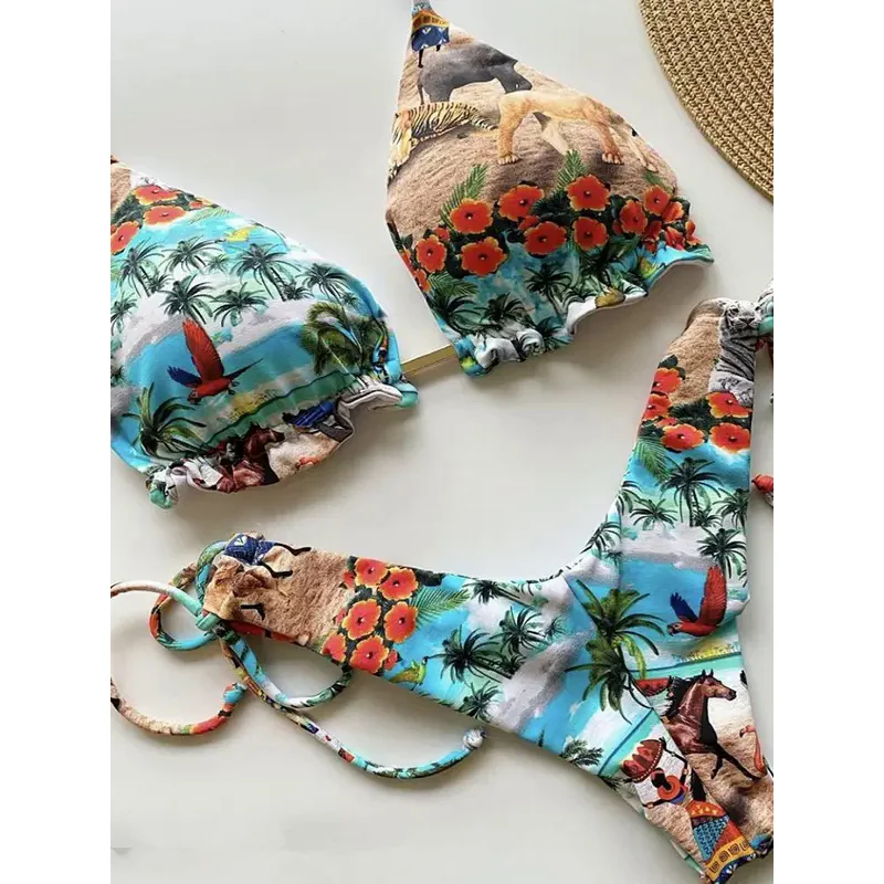 2020 Badmode Damesbadpak Met Bloemenprint Braziliaanse Bikini Push-Up Bikini Bandage Biquini Feminino Dameszwempak