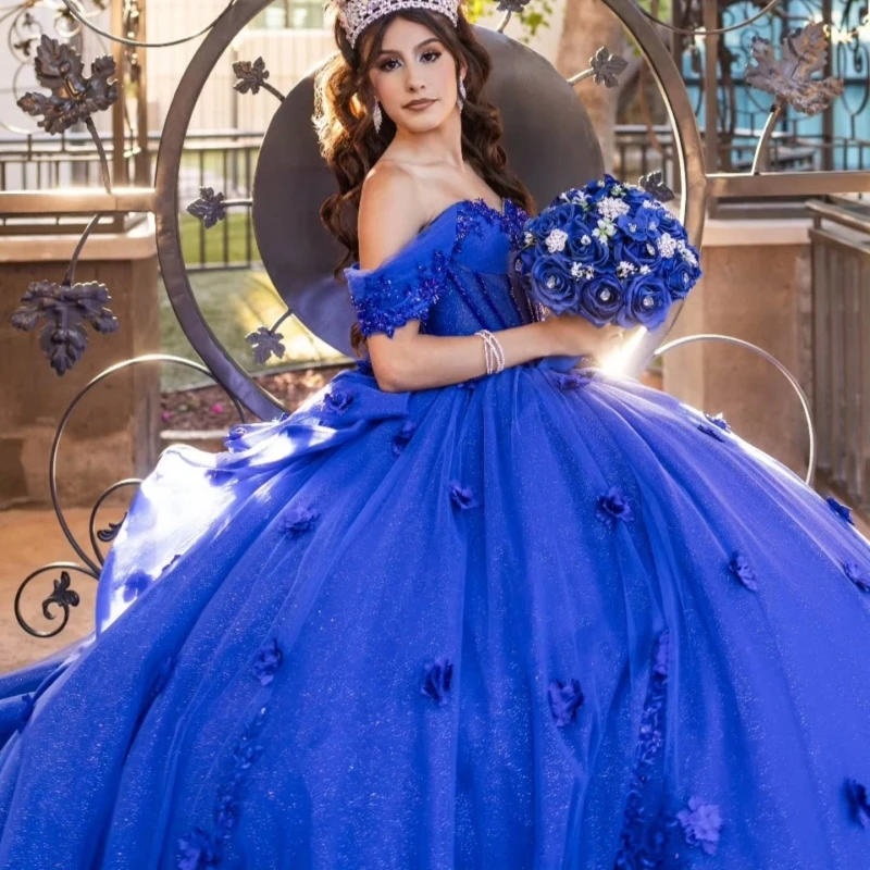 Royal Blue Shiny Quinceanera Dresses Off The Shoulder Applique Flower Beading Crystal Bow Tull Party Birthday Sweet 16 Dress