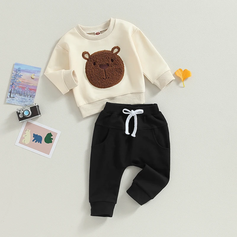 Tenues d'Automne à Manches sulfpour Bébé, Broderie d'Ours, Ensemble Pantalon à Poches, Vêtements Chauds pour Tout-petits, 2 Pièces