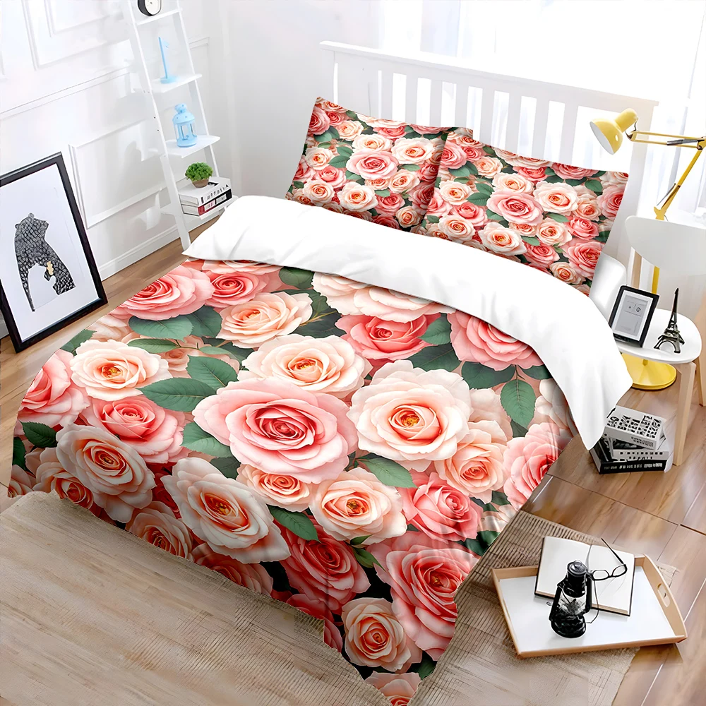Pink rose flower cluster background Print Soft Comfortable Duvet Cover Bedding Set Included 1*Duvet Cover  2*Pillowcases