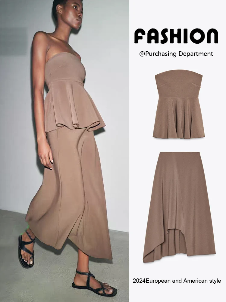 

Модный удобный женский новый летний топ ZA2025 и юбка миди без бретелек 3641005 без рукавов для вечеринок