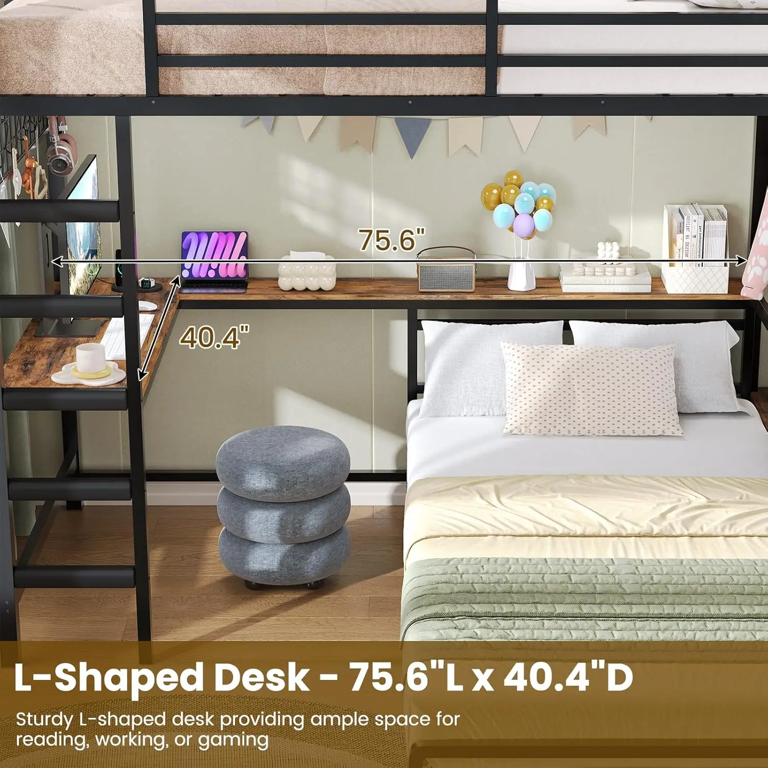 Bunk Bed Twin Over Twin with 5 Storage Drawers, LED Lights and Hall Tree, L-Shaped Bunk Bed with Desk, Charging, view 4