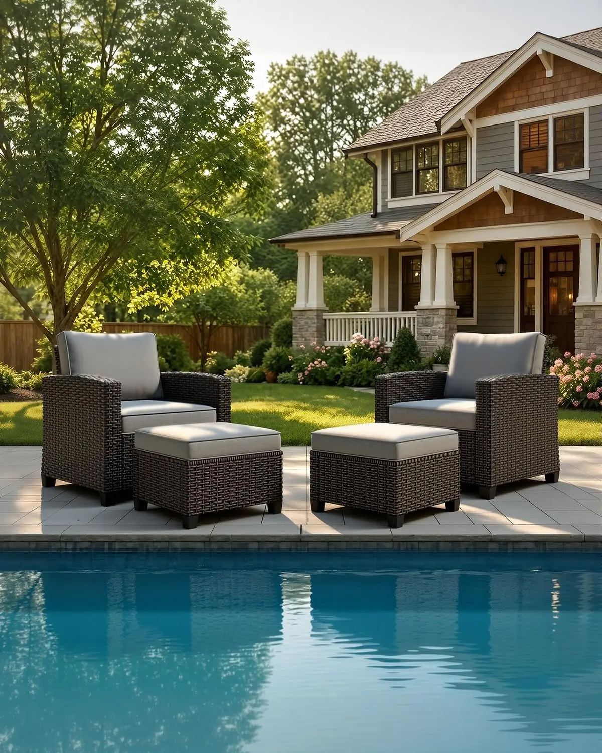 Patio Furniture Set - 30% Thicker Wicker - 4 Piece Luxury Outdoor Patio Conversation Set with Armchair & Ottoman for Backyard, P