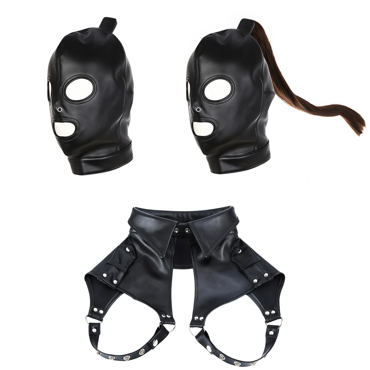 Unisex Roleplay Mask Cosplay Bondage Sexy Mask Hood with Top Wig Braid PU Headwear Handmade Halloween Party Women Game Custumes