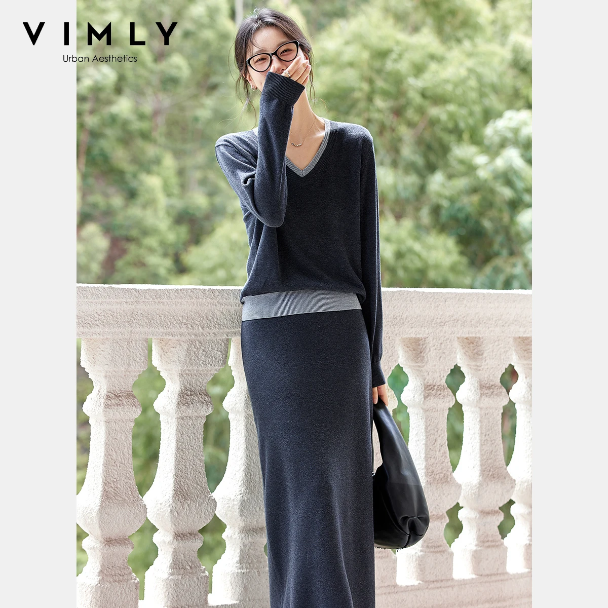 

VIMLY Skirt Suit Women Holiday Elegant Knitted Long Sleeve Knit V-neck Tops Long A-line Skirts Grey Ladies Two Pieces Sets 75102