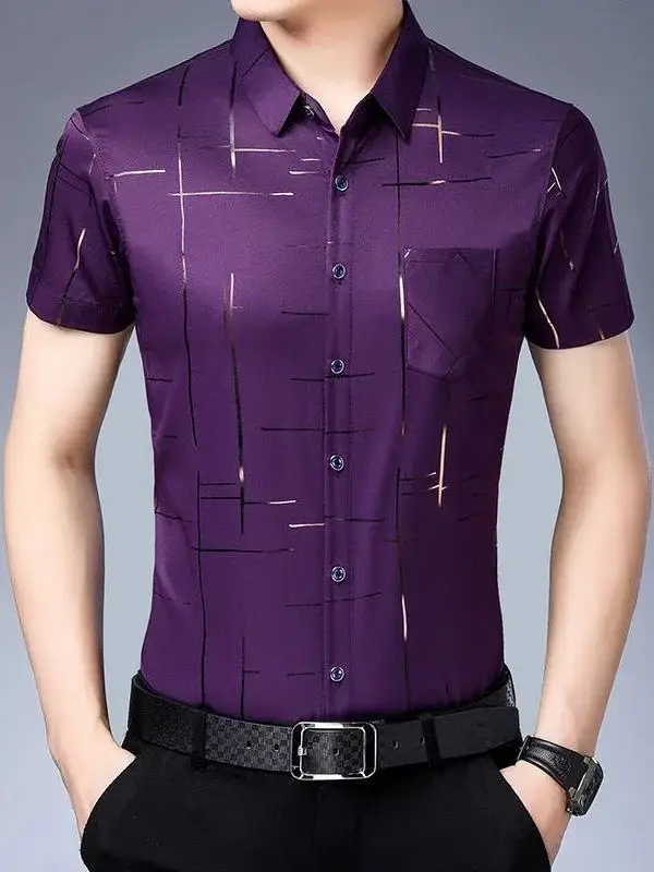 

Slim Fit f Sve irt для мужчин с откидным воротником и принтом, повседневная летняя китайская марка обычной длины ort Sve irt