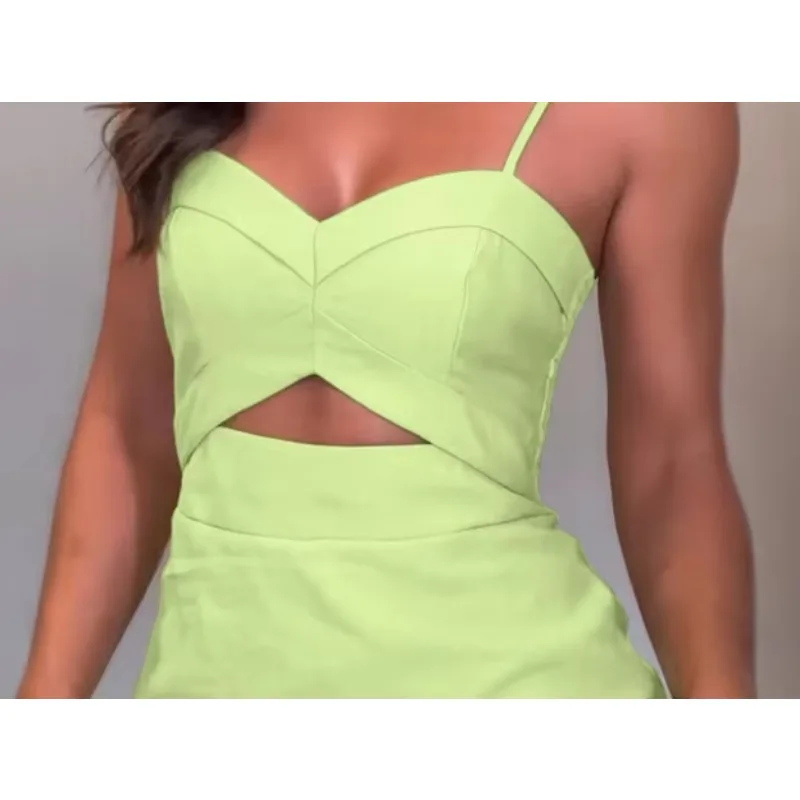 شورت نسائي صيفي برقبة على شكل قلب سروال سباغيتي بحزام مجوف رومبير