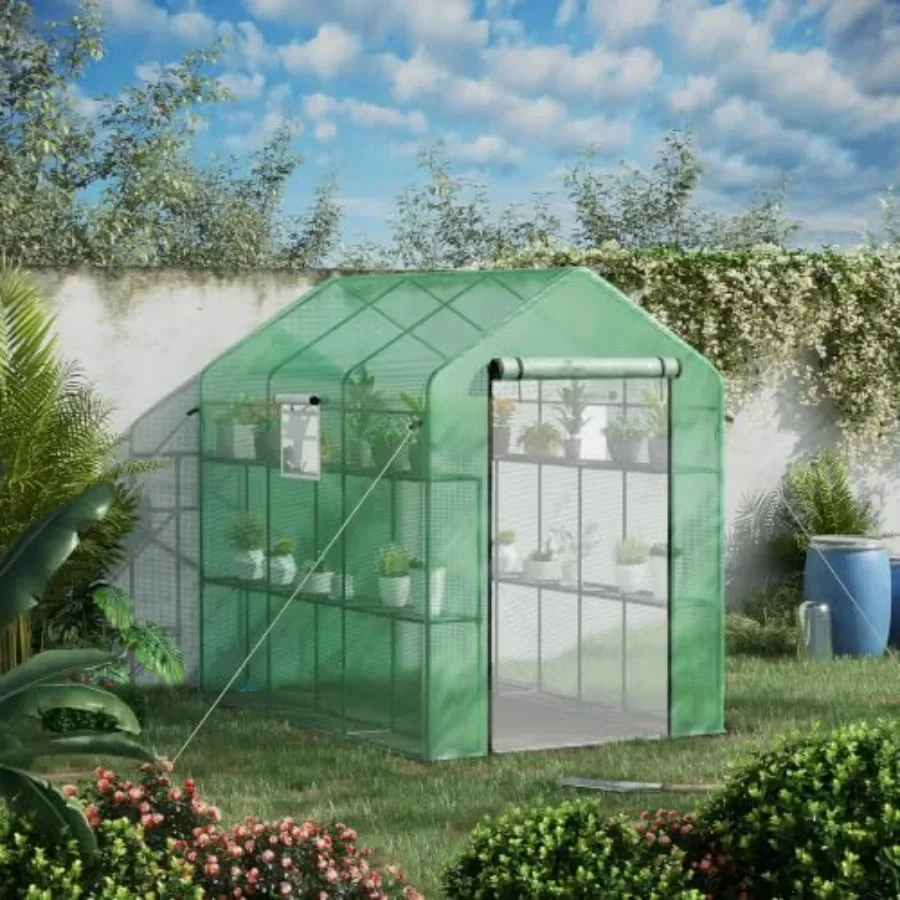 Outdoor walk-in greenhouse, 7' x 5' x 6', green polyethylene mesh door, UV-resistant PE material, ventilated and portable
