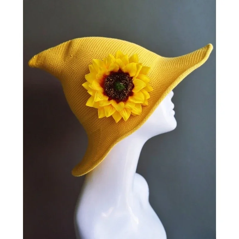 Cute Witch Hat with Sunflower, Synthetic Wool Blend, Pointed Wide Brim, Removable Add-Ons, Warm, Women Halloween Party