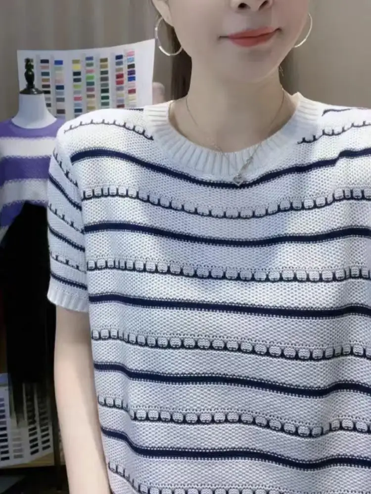

Elegant Thin Loose Knitted Top Women's Summer New Style Korean Slimming Age-Defying Versatile Casual round Neck Short Sleeve