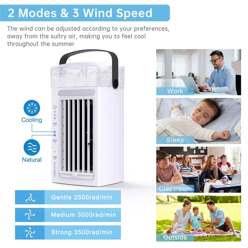 

67NEW Portable Air Conditioner Fan 3 in 1 Desk Air Cooler and Humidifier with 3 Fan Speeds and 7 Colors LED Light for Bedroom