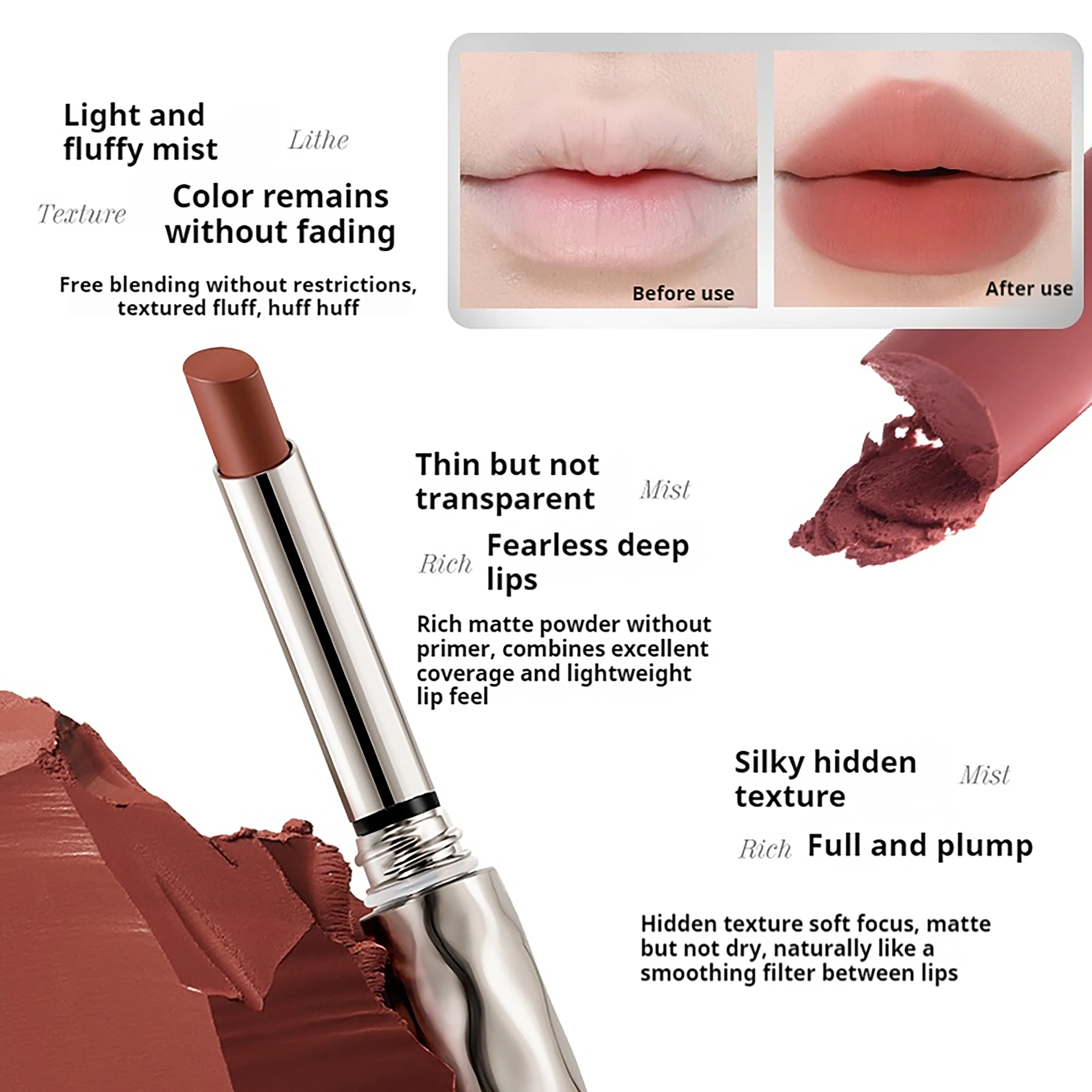 NOVO Batom à prova d'água, resistente ao suor, com acabamento colorido, macio e fosco, sem transferir