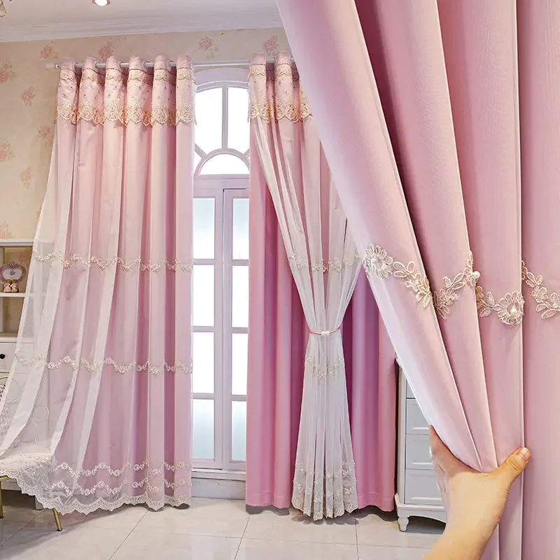 European Style Minimalist Double Layered Curtain Embroidered Sheer Curtain Plus Cloth Curtain for Bedroom