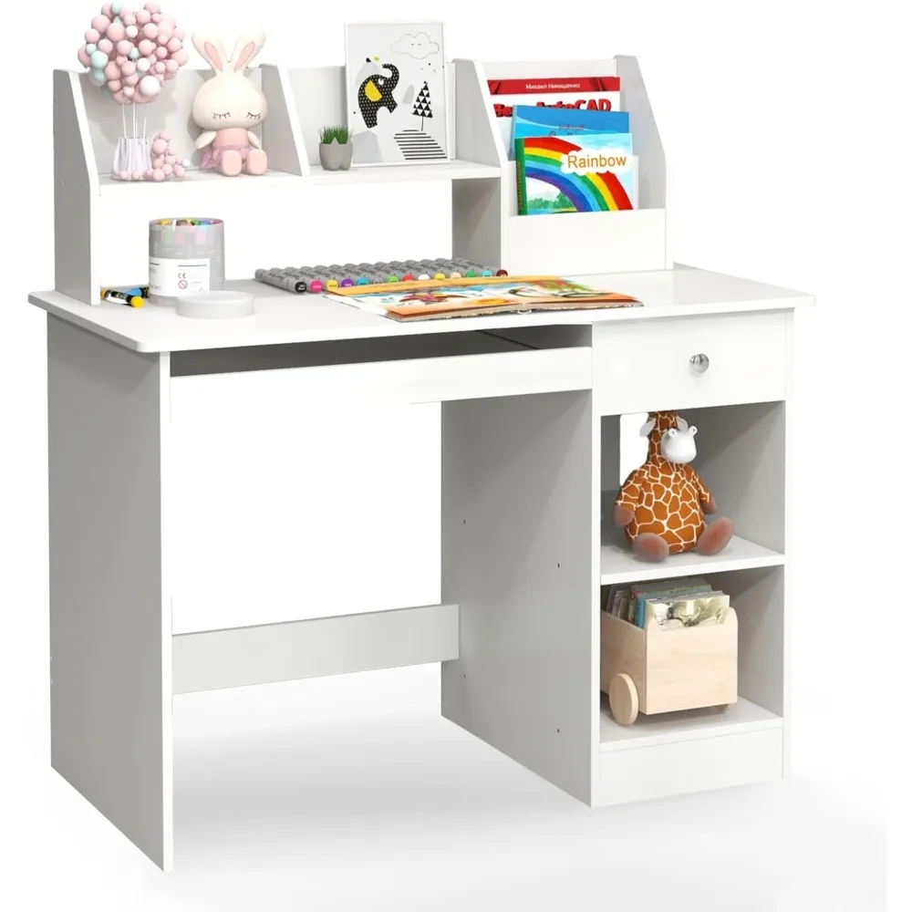 Kids Study Desk, Children Wooden Computer Desk with Hutch, Bookshelf, Keyboard Tray, Drawer, Storage Shelves, Student Writing T