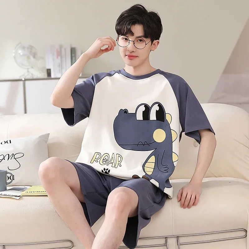 Conjunto de pijama de algodón coreano para hombre, ropa de dormir informal de manga corta, Tops y pantalones, verano, 2 piezas