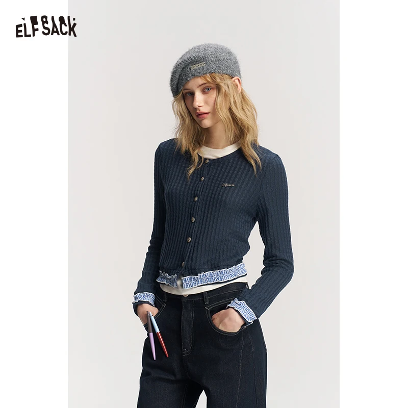 ELFSACK Women's Crew Neck Knit Sweater with Letter Graphic, Contrast Ruffle Trim Top for Everyday Casual