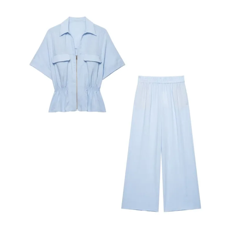 Conjunto de Pantalones de Cintura Alta para Mujer 2026, Nuevo Conjunto de Verano con Camisa Safari con Cierre y Pantalones Anchos con Cintura Elástica