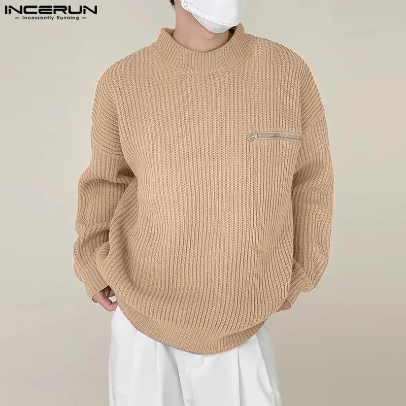 

INCERUN Tops 2023 Korean Style Mens Zipper Design Solid Knitted Sweater Casual Streetwear All-match Long Sleeved Pullovers S-5XL