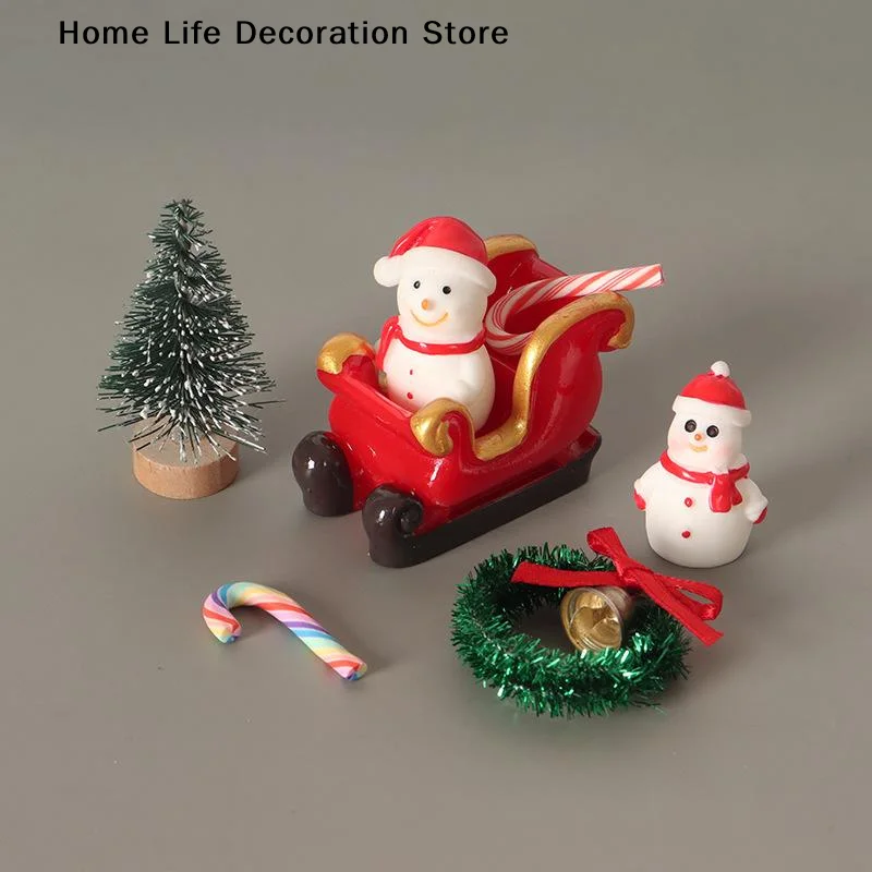 【H】4/5/6/7 Pcs Christmas Miniature Decor Set With Snowman Sleigh Tiny Pine Tree Wreath For Home Desktop DIY Crafts