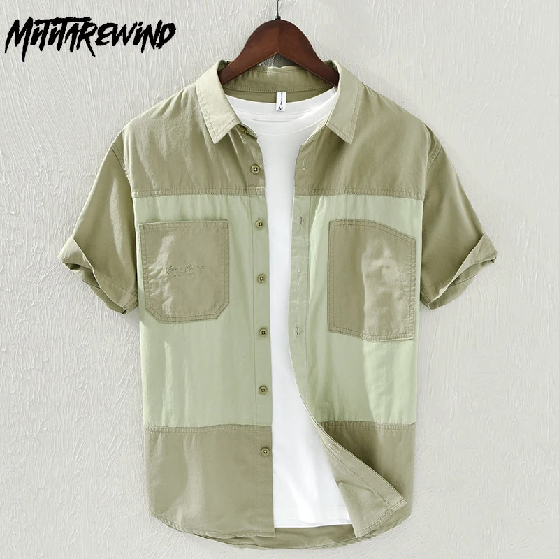 

Summer New Mens Short Sleeve Shirt Streetwear Men Safari Style Causal Shirts Stitching Contrast Color Design Shirt Youth Fashion