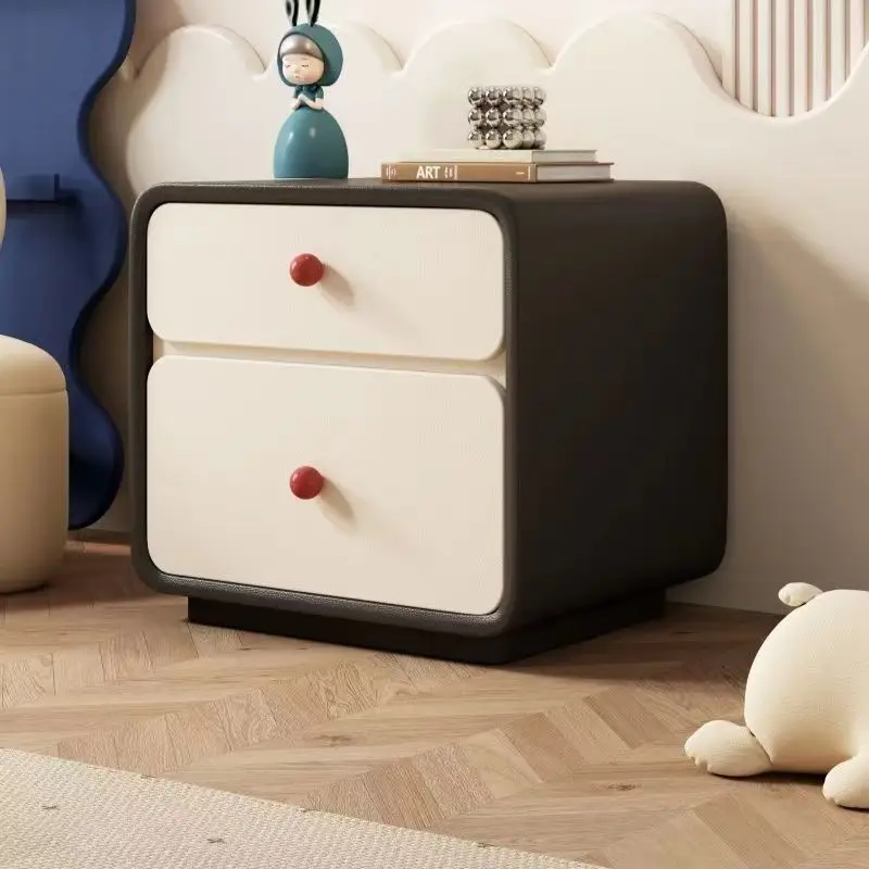 Cream wind solid wood bedside table Modern simple Italian light luxury bedside table Bedroom leather Internet celebrity bedside