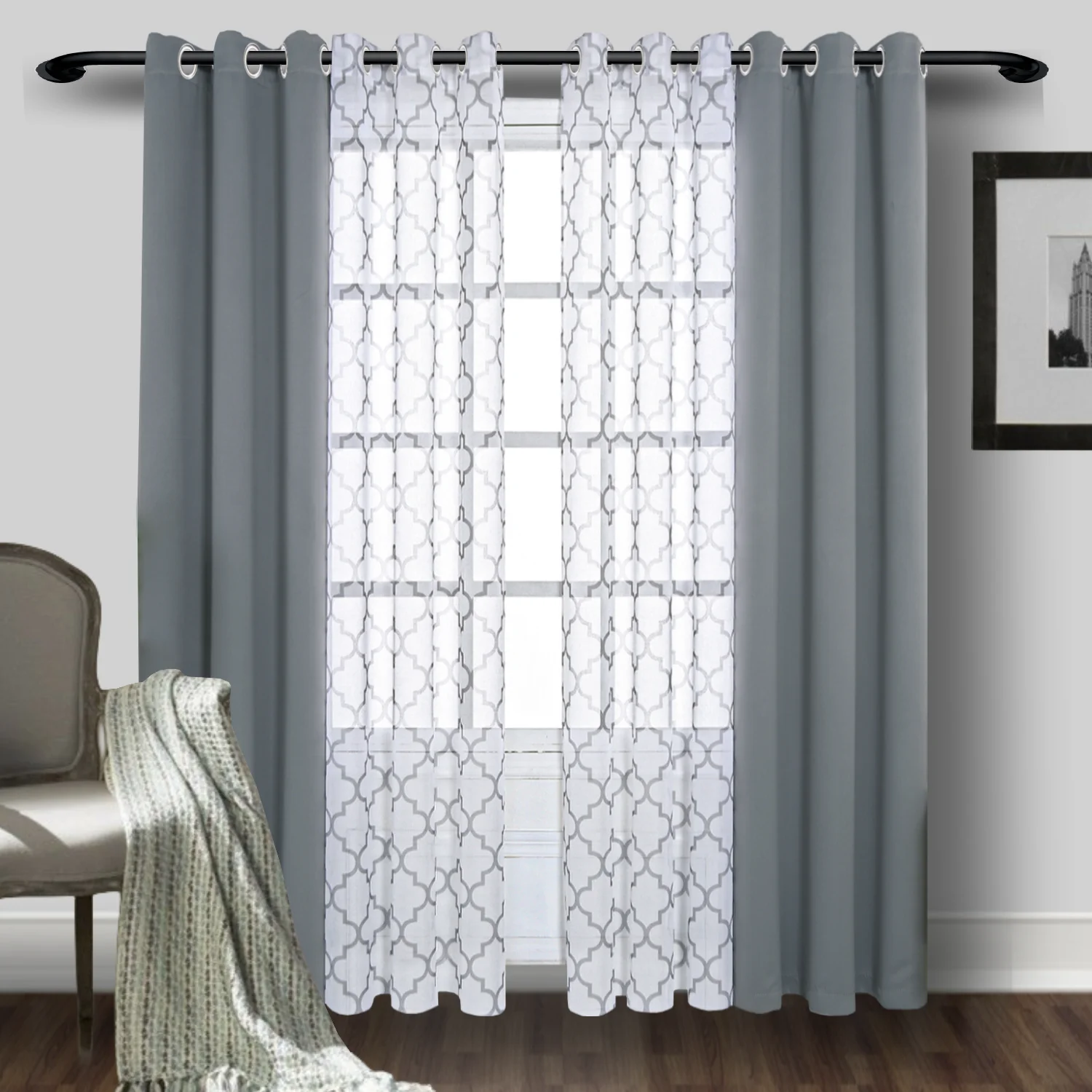 2PCS Curtains, 1PC Moroccan Print Sheer Curtains And 1PC Blackout Curtains For Bedroom, Living Room Grommet Window DrapesOffice