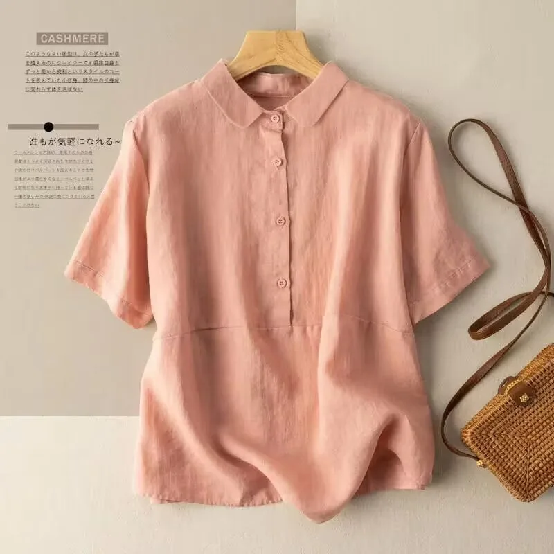 

New Spring and Summer Collar Solid Color Short-Sleeve Knit Shirt, Retro and Literary Cotton Linen Blouse for Women
