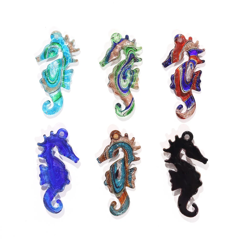 QianBei Wholesale 6pcs Handmade Murano Lampwork Glass Cute Seahorse Pendant For Necklace Women