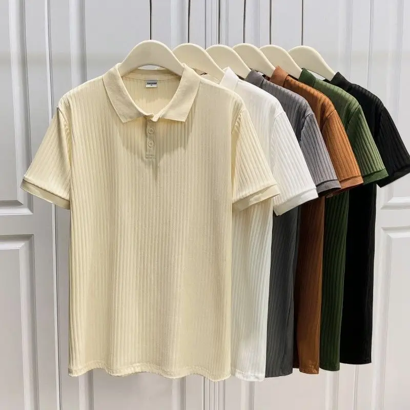 

Summer Men’s Quick Dry Short Sleeve Polo Shirt Sports Casual Slim Breathable Tops Vertical Stripes Lapel Ice Silk T-Shirt
