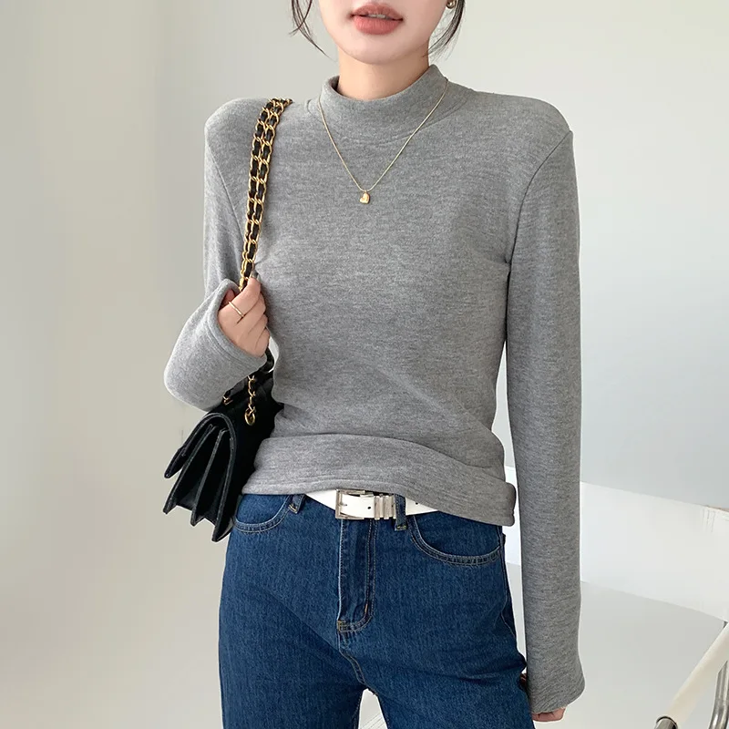 

Autumn Winter Women T-shirt Velvet Fleece Thick Warm Turtleneck Bottoming Shirt Inner Wear Strecth Slim Top Fashion Undershirts