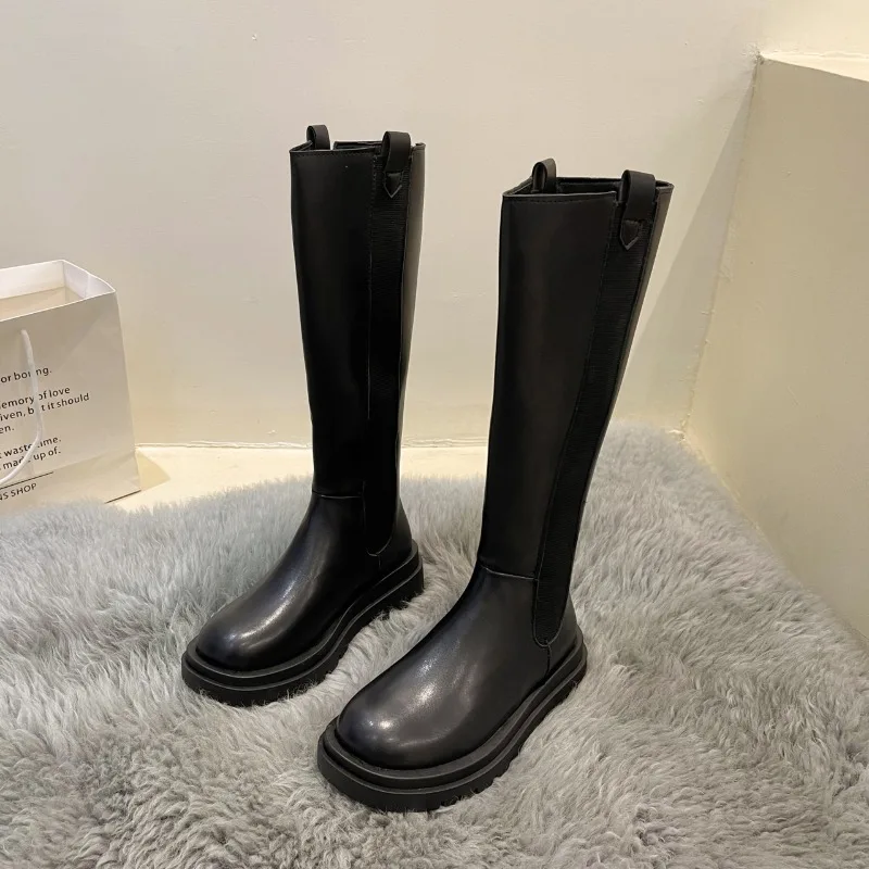 

2024 Woman Fashion Knee High Long Boots Autumn Winter Platform Chunky Heel Knight Brown Back Square Heel Zip High Knight