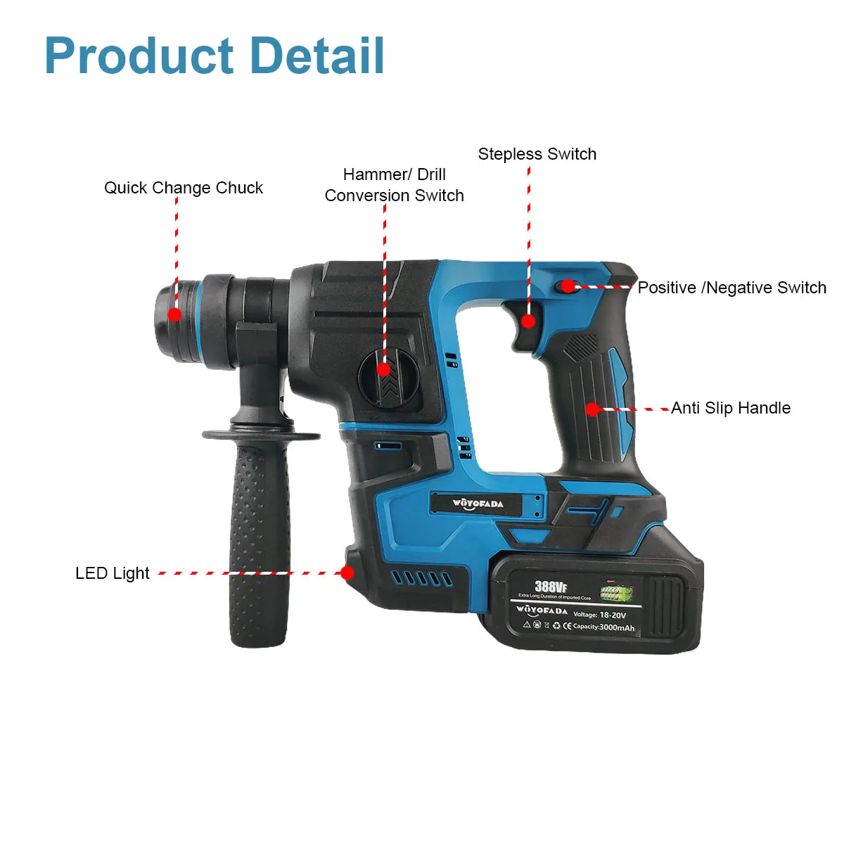 WOYOFADA Brushless Electric Hammer Drill Multifunctional Rotary Cordless Rechargeable Power Tools For Makita 18V Battery