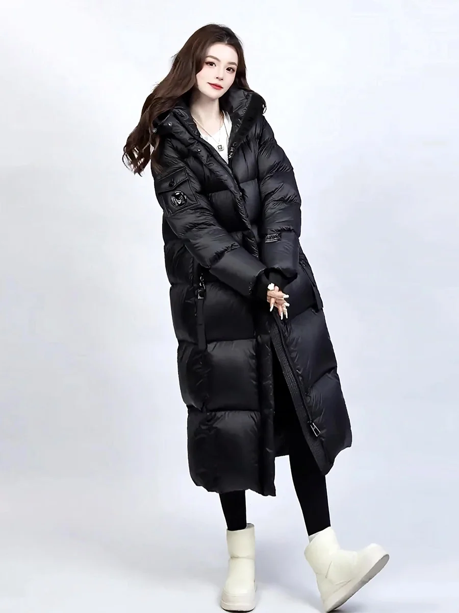 Chaqueta de Plumón Ultra Larga Blanca para Mujer, Abrigo de Invierno Ultra Resistente al Frío, con Capucha, para Viajar al Trabajo, con Gorro No Extraíble