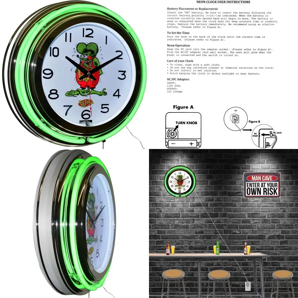 

Vintage Green Double Neon Wall Clock with Chrome Finish, Nostalgic Style for Classic Car Enthusiasts