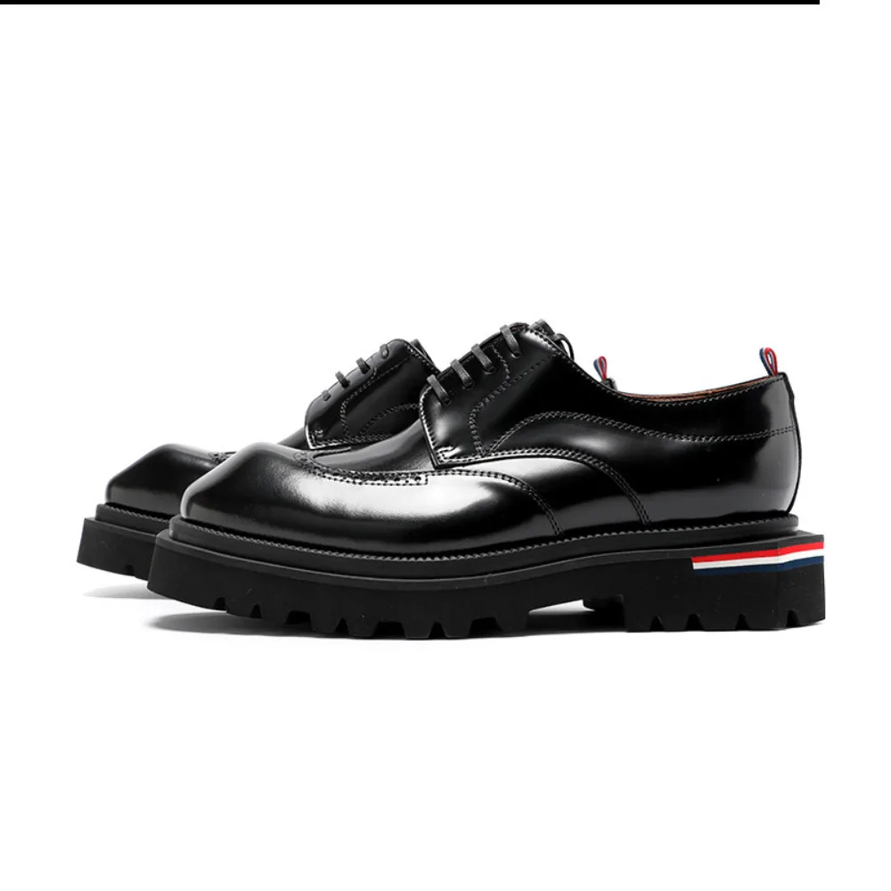 Men's Genuine Leather Brogue Derby Shoes Spring Fashion Glossy Thick Sole Height Increasing Business Casual Dress Shoes