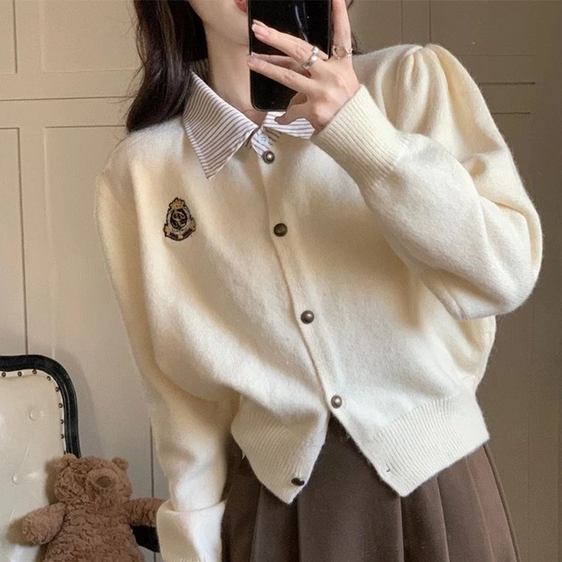 Fake Two Piece Knitted Cardigan Coat 2023 Apricot Turn-down Collar Patchwork Short Coat Loose Fashion Preppy Style Sweater Coat