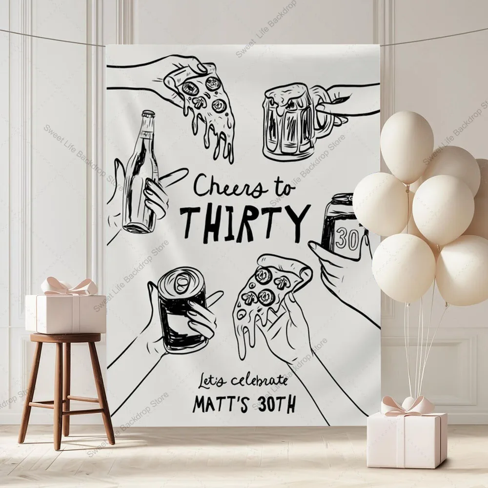 

30th Birthday Party Backdrop Adult Birthday Decorations Wall Art Pizza Beer Welcome Backdrop Banner