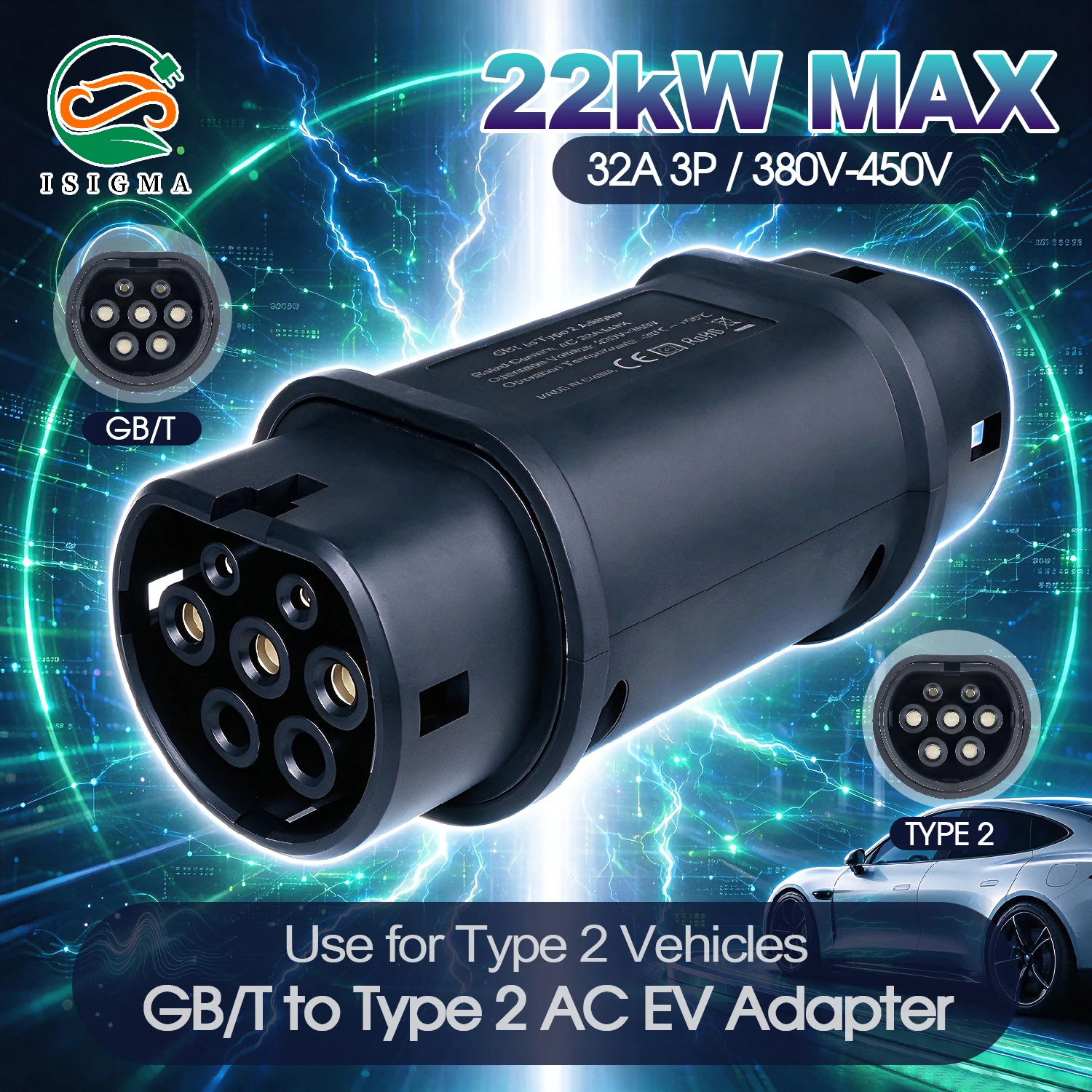 EV Charger Converter Adapter 22KW 32A 3 Phase GBT to Type 2 EVSE Charging GB/T to IEC 62196-2 Adaptor