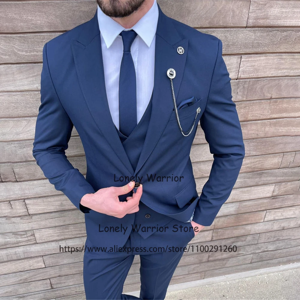 

Navy Blue Mens Suits Formal Business Blazer Slim Fit Wedding Groom Tuxedos Banquet 3 Piece Set Terno Masculino Jacket Vest Pants