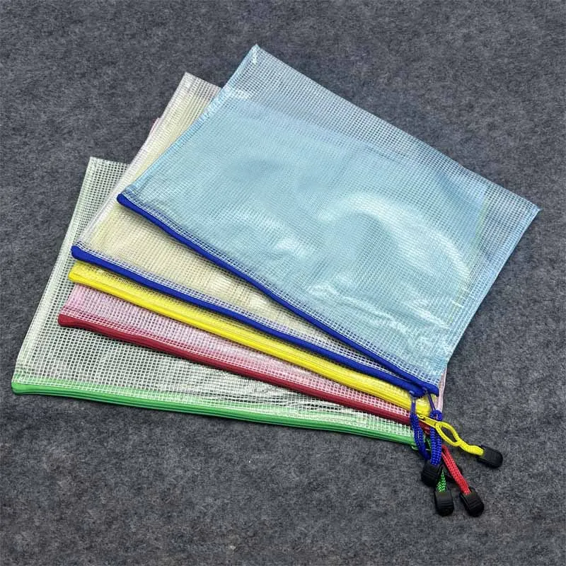 

5pcs Waterproof Zip Bag Document Pen Filing Pocket Folder Office School Supplies PVC Mesh Zipper Pouch File Pockets Bill Bags