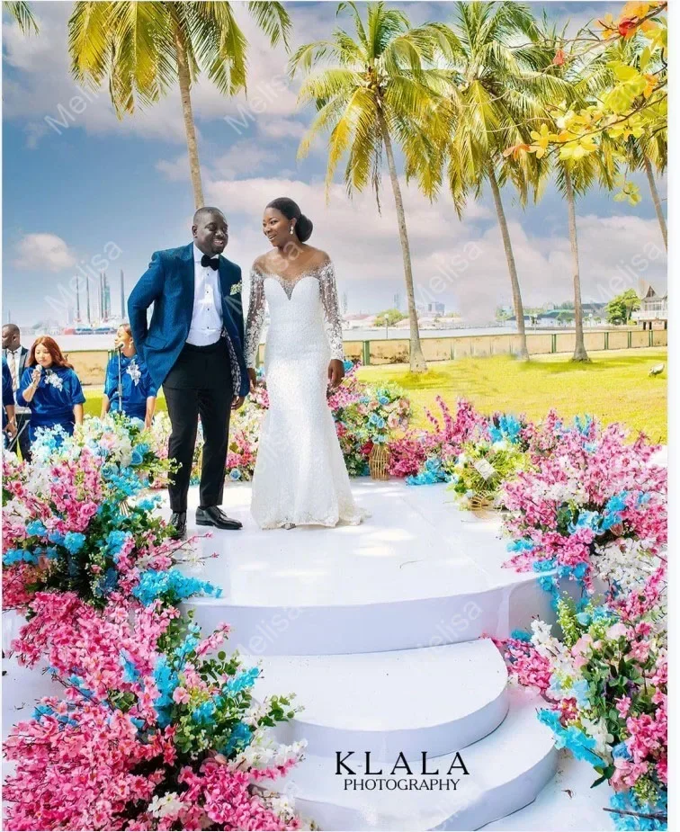 Customized Vestido De Novia 2024 African Plus Size Long Sleeve Wedding Dress Detachable Train Trumpet Beaded Sequins Bridal Gown