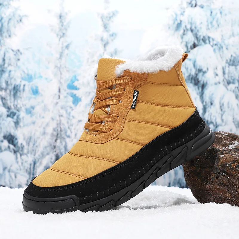 

2026 New Mens Winter Snow Boots Outdoor Mid Calf Plush Lined Thick Cotton Boots Lace Up High Top Winter Shoes