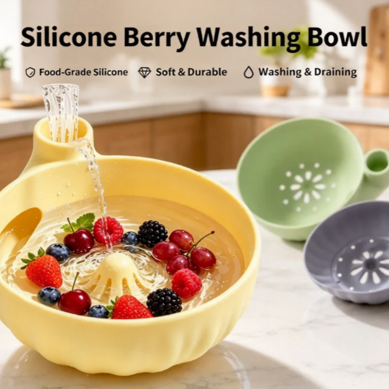 Rotating Berry Swirl Washing Bowl Self Rinsing with Drain Holes Berry Rinse Basin Easy Clean Large Capacity