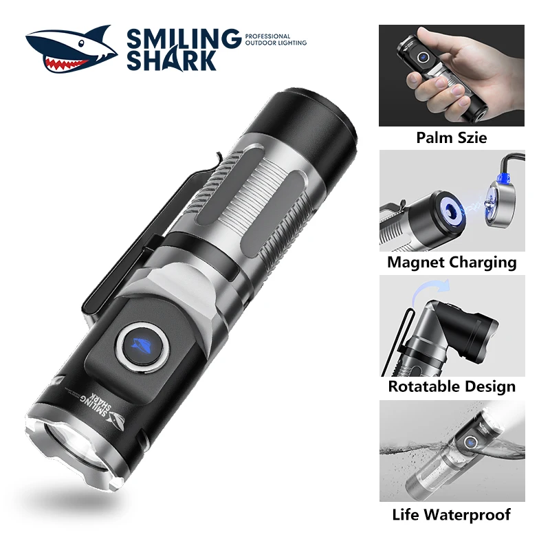 Smiling Shark ES15 Right Angle Flashlight 90°Twist Magnet Charging 90 Degree Light Rechargeable Waterproof 90 Degree Flashlight